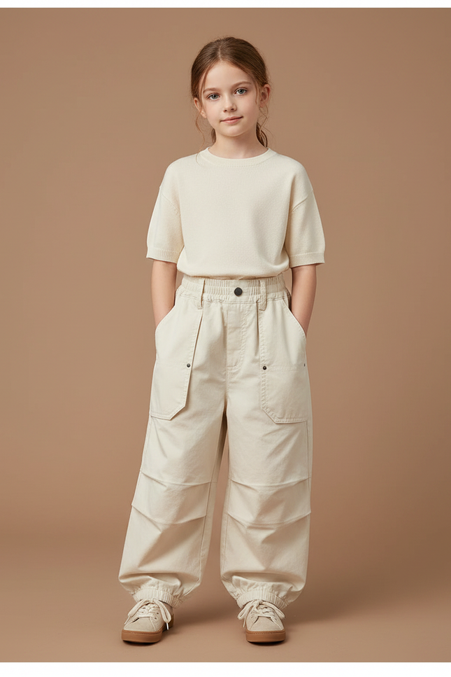 Pantalon À Pince Cargo Ample Coton Beige Enfant
