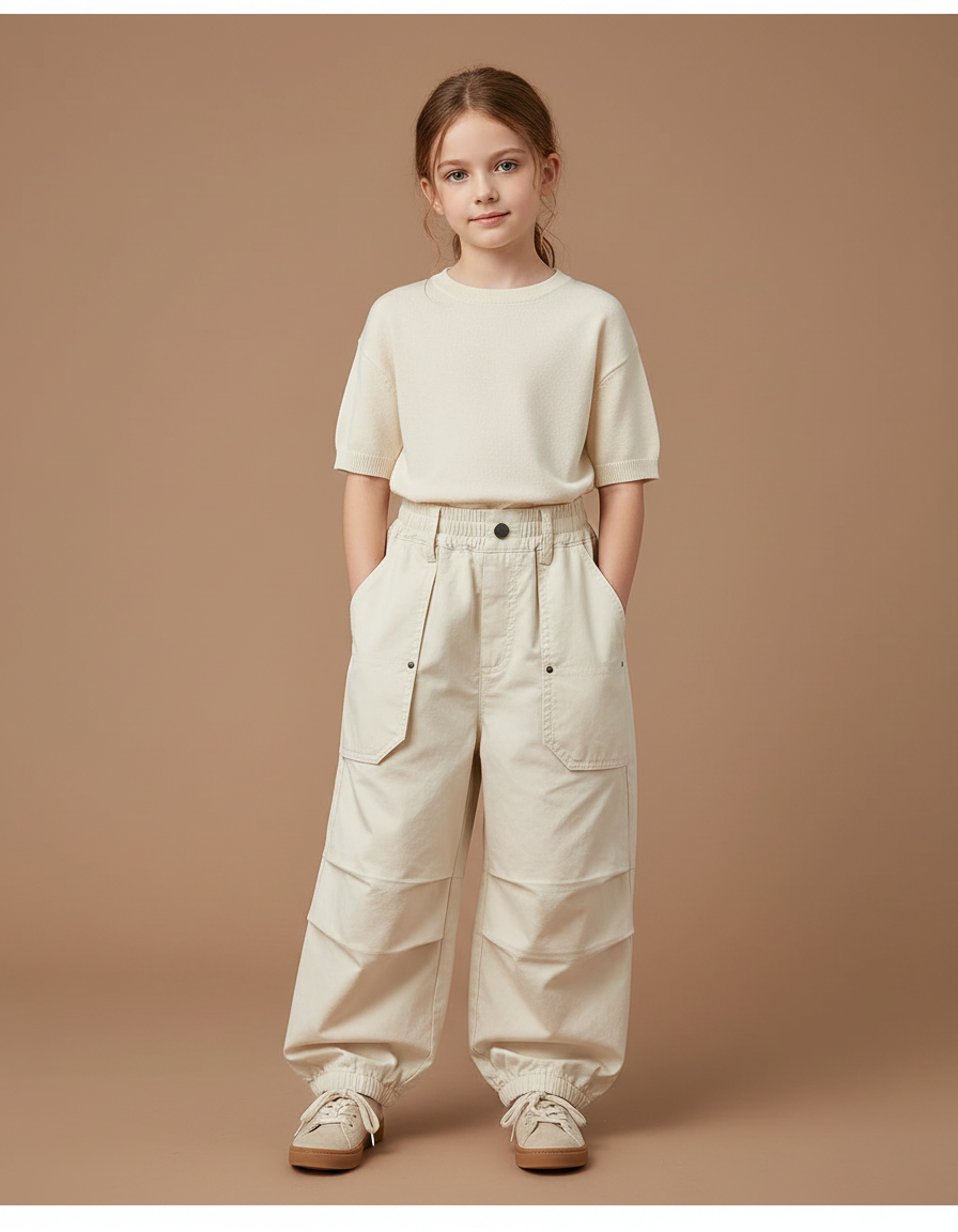 Pantalon À Pince Cargo Ample Coton Beige Enfant