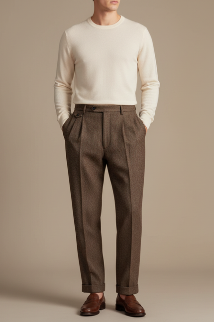 Pantalon À Pince Marron Laine Plissé Droit Élégant Homme - Tweed