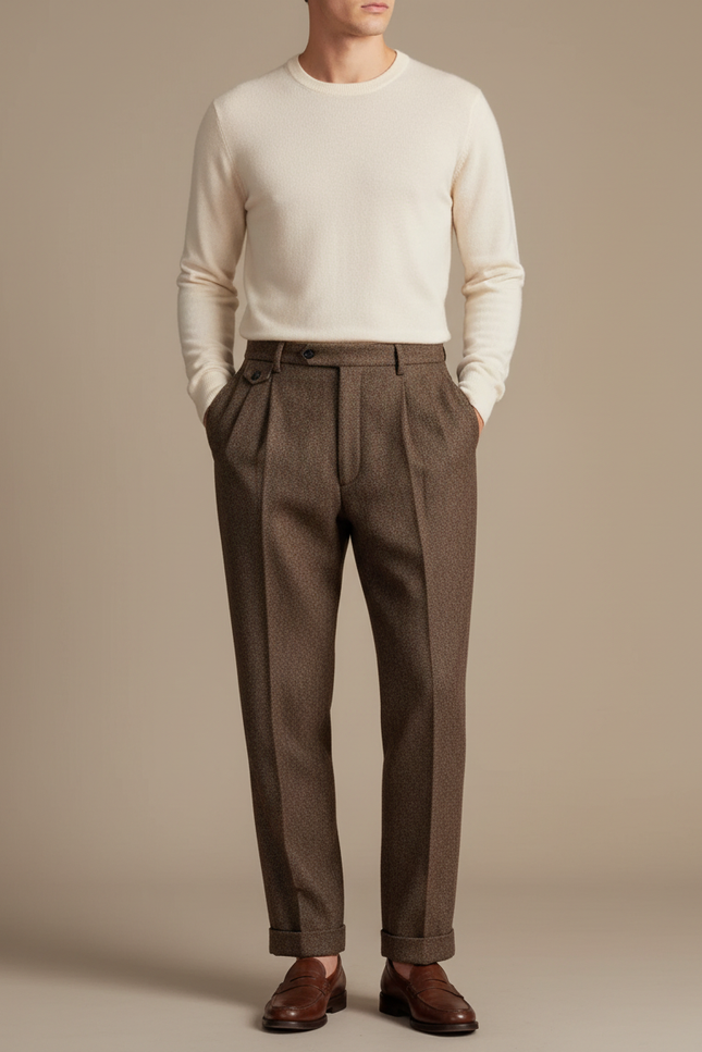 Pantalon À Pince Marron Laine Plissé Droit Élégant Homme - Tweed