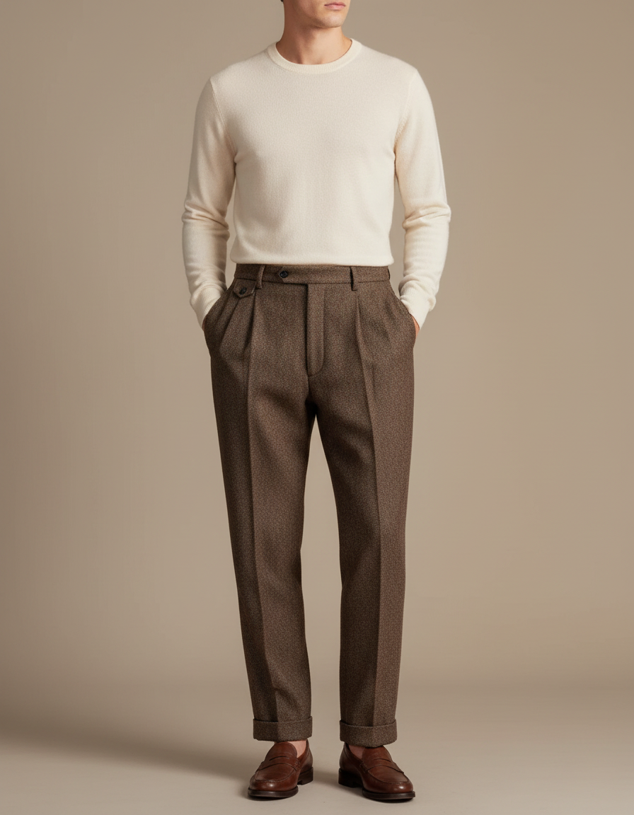 Pantalon À Pince Marron Laine Plissé Droit Élégant Homme - Tweed