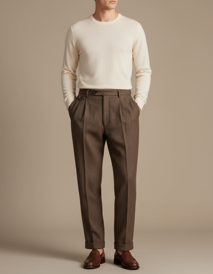 Pantalon À Pince Marron Laine Plissé Droit Élégant Homme - Tweed