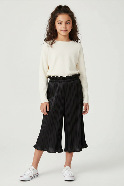 Pantalon À Pince Noir Plissé Ample Fille Élégant - Polyester
