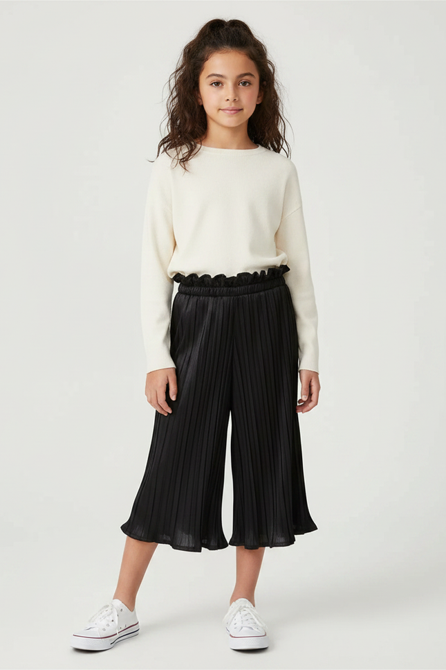 Pantalon À Pince Noir Plissé Ample Fille Élégant - Polyester