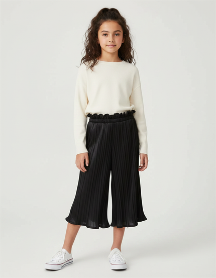 Pantalon À Pince Noir Plissé Ample Fille Élégant - Polyester