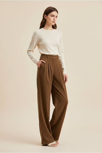 Pantalon À Pince Marron Large Plissé Taille Haute - Laine