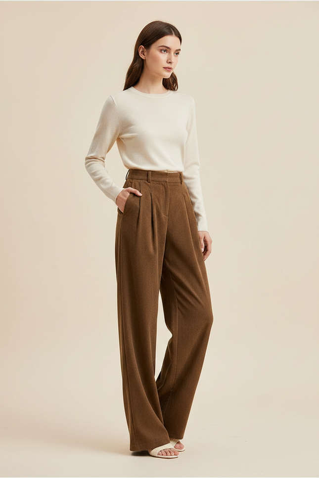 Pantalon À Pince Marron Large Plissé Taille Haute - Laine