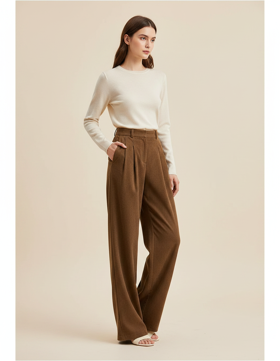 Pantalon À Pince Marron Large Plissé Taille Haute - Laine
