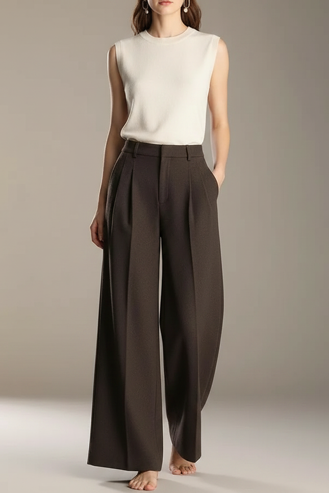 Pantalon À Pince Marron Ample Plissé Élégant Laine Fluide
