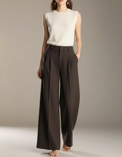 Pantalon À Pince Marron Ample Plissé Élégant Laine Fluide