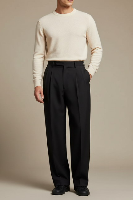 Pantalon À Pince Noir Ample Homme Élégant Classique - Gabardine