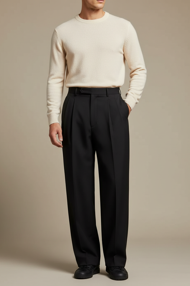 Pantalon À Pince Noir Ample Homme Élégant Classique - Gabardine