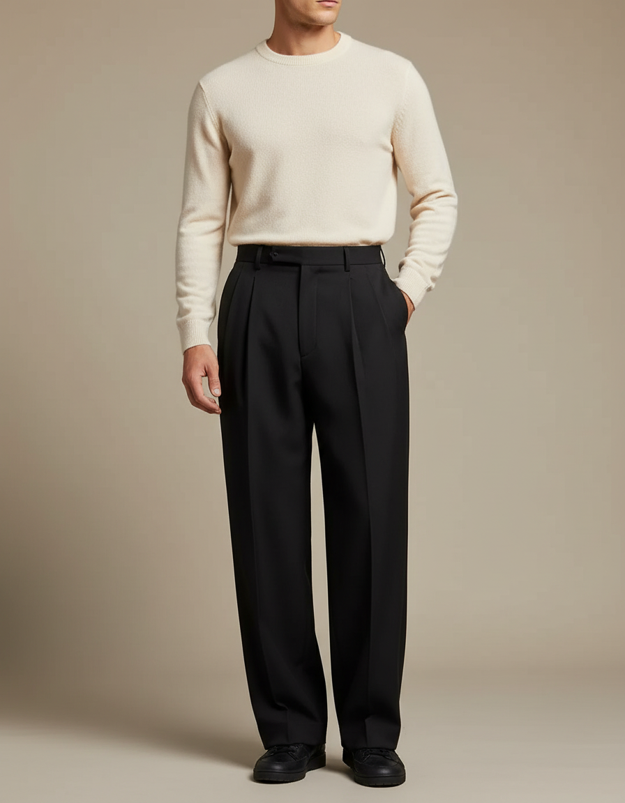 Pantalon À Pince Noir Ample Homme Élégant Classique - Gabardine