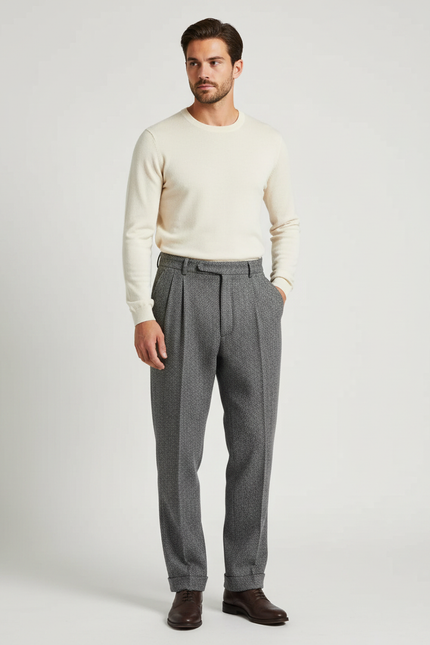 Pantalon À Pince Gris Tweed Plissé Droit Homme