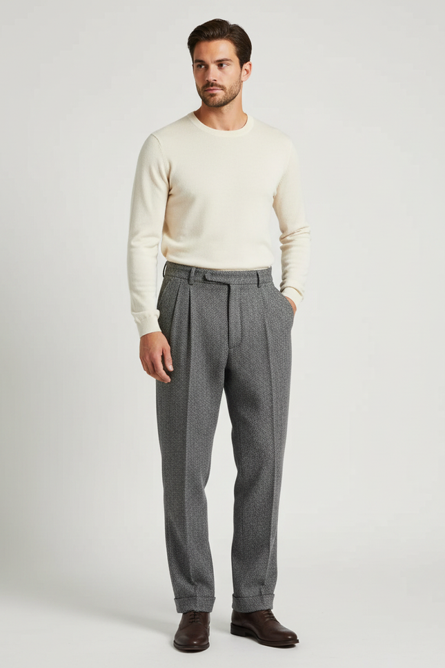 Pantalon À Pince Gris Tweed Plissé Droit Homme