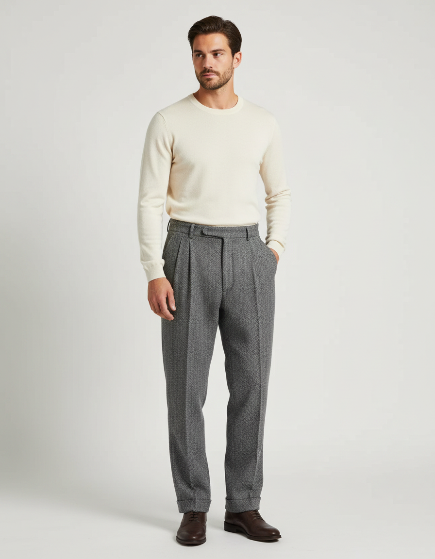 Pantalon À Pince Gris Tweed Plissé Droit Homme