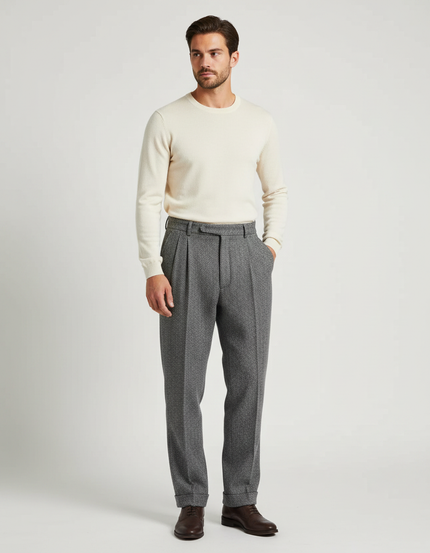 Pantalon À Pince Gris Tweed Plissé Droit Homme