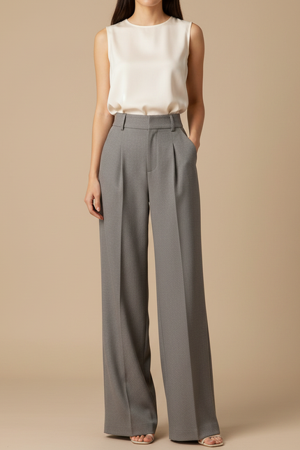 Pantalon À Pince Gris Large Fluide Élégant Femme - Polyester