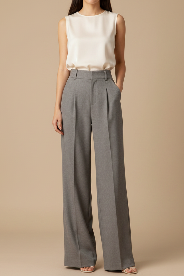 Pantalon À Pince Gris Large Fluide Élégant Femme - Polyester