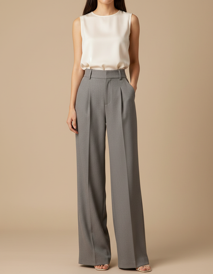 Pantalon À Pince Gris Large Fluide Élégant Femme - Polyester