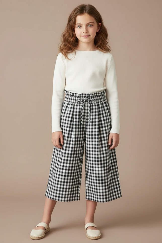 Pantalon À Pince Vichy Fluide Ample Fille - Imprimé Viscose