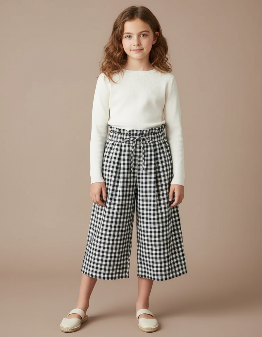 Pantalon À Pince Vichy Fluide Ample Fille - Imprimé Viscose