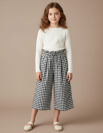 Pantalon À Pince Vichy Fluide Ample Fille - Imprimé Viscose