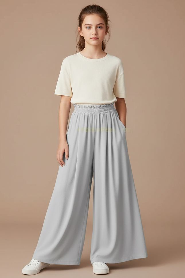 Pantalon À Pince Gris Fluide Ample Décontracté Fille - Viscose