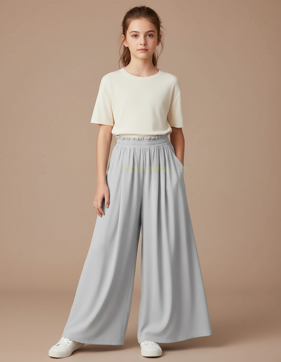 Pantalon À Pince Gris Fluide Ample Décontracté Fille - Viscose