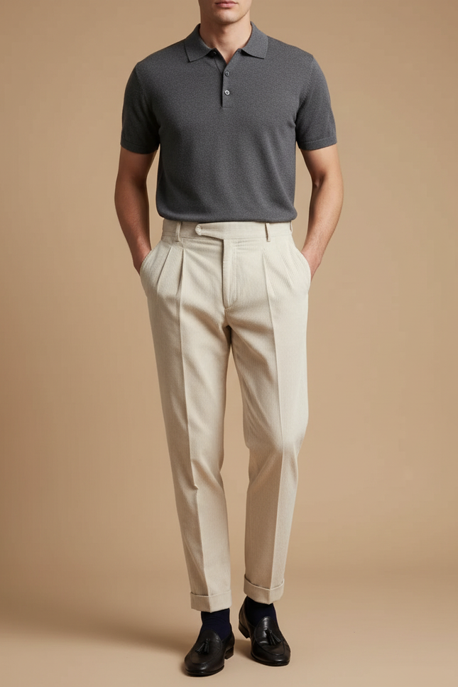 Pantalon À Pince Crème Coton Plissé Décontracté Homme - Beige Cordé