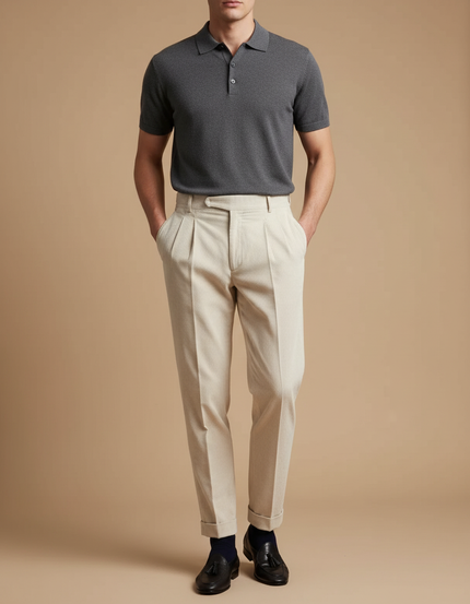 Pantalon À Pince Crème Coton Plissé Décontracté Homme - Beige Cordé