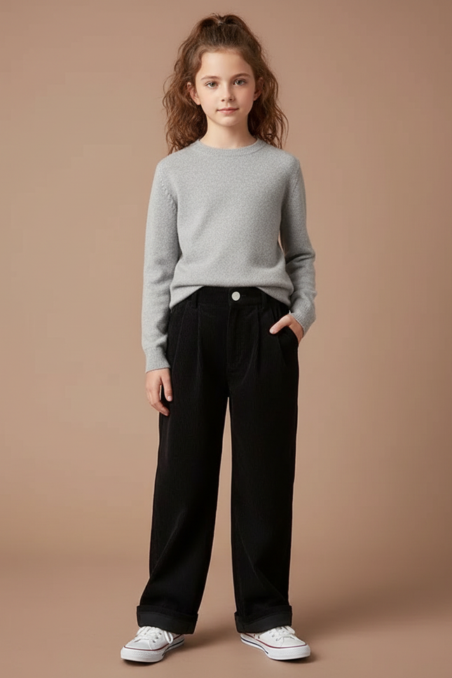 Pantalon À Pince Noir Côtelé Ample Décontracté Enfant - Cordé