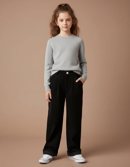 Pantalon À Pince Noir Côtelé Ample Décontracté Enfant - Cordé