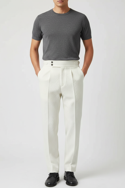 Pantalon À Pince Blanc Cassé Plissé Gaufré Homme Élégant - Coton