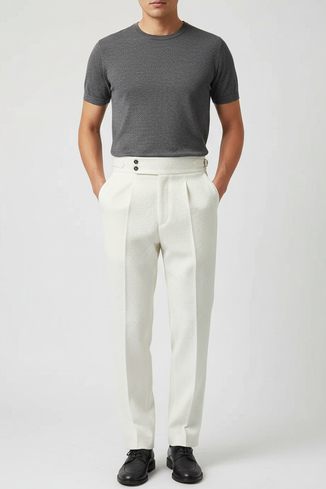 Pantalon À Pince Blanc Cassé Plissé Gaufré Homme Élégant - Coton
