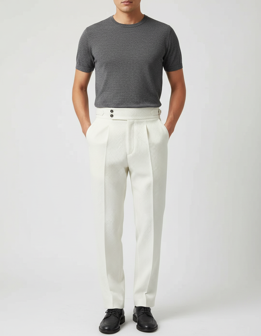 Pantalon À Pince Blanc Cassé Plissé Gaufré Homme Élégant - Coton