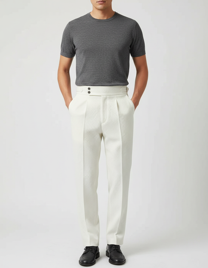 Pantalon À Pince Blanc Cassé Plissé Gaufré Homme Élégant - Coton