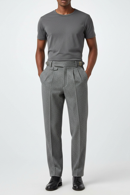 Pantalon À Pince Gris Laine Plissé Droit Élégant