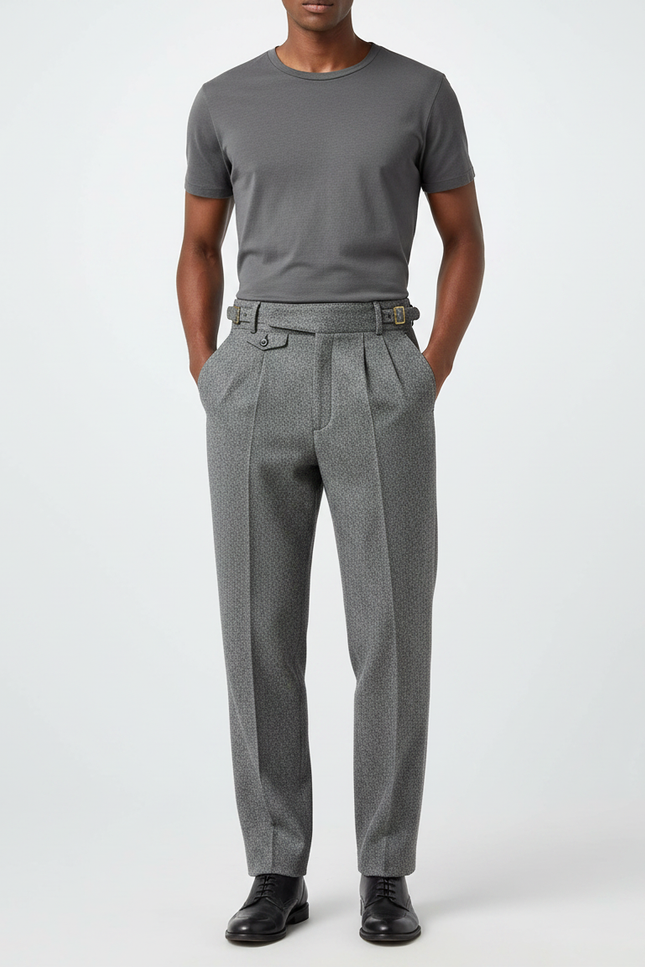 Pantalon À Pince Gris Laine Plissé Droit Élégant