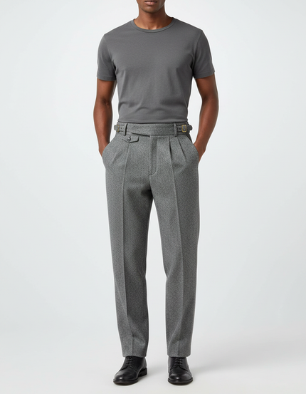 Pantalon À Pince Gris Laine Plissé Droit Élégant