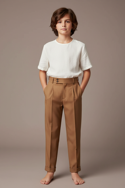 Pantalon À Pince Marron Plissé Élégant Classique Enfant - Gabardine
