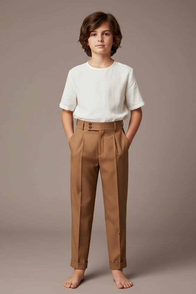 Pantalon À Pince Marron Plissé Élégant Classique Enfant - Gabardine