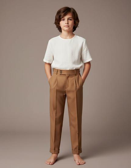 Pantalon À Pince Marron Plissé Élégant Classique Enfant - Gabardine