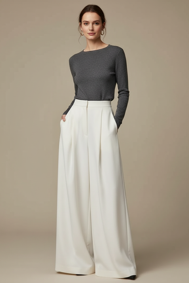 Pantalon À Pince Blanc Fluide Ample Taille Haute Femme - Polyester