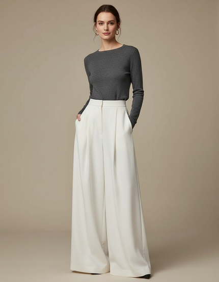 Pantalon À Pince Blanc Fluide Ample Taille Haute Femme - Polyester