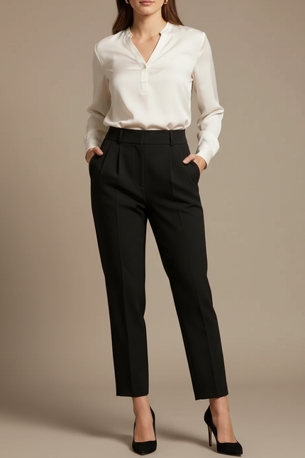Pantalon À Pince Noir Taille Haute Plissé Élégant Femme - Polyester