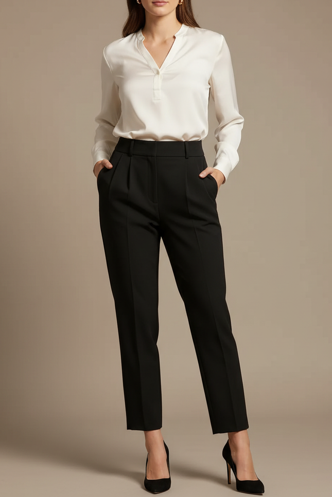 Pantalon À Pince Noir Taille Haute Plissé Élégant Femme - Polyester