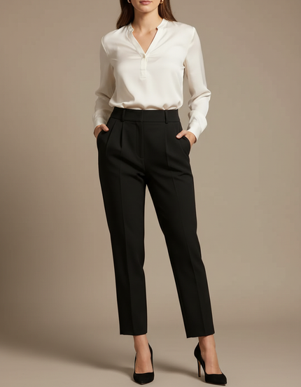 Pantalon À Pince Noir Taille Haute Plissé Élégant Femme - Polyester