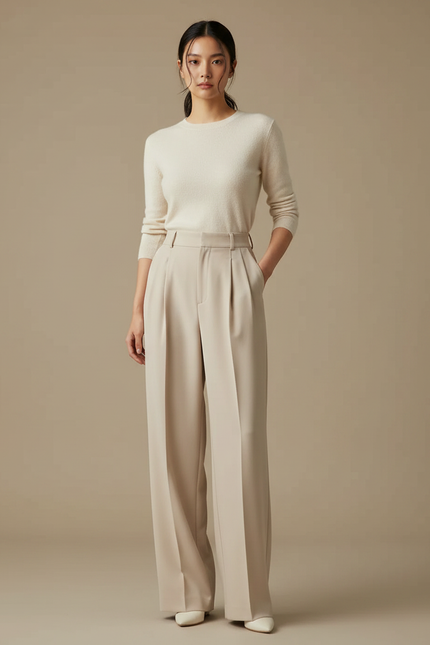 Pantalon À Pince Beige Plissé Fluide Élégant - Polyester
