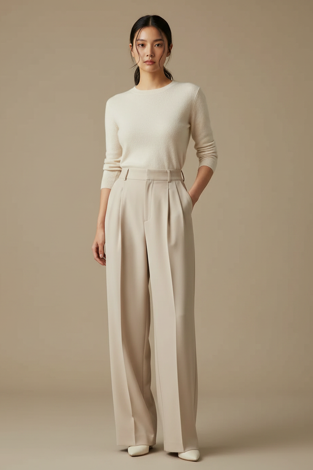 Pantalon À Pince Beige Plissé Fluide Élégant - Polyester